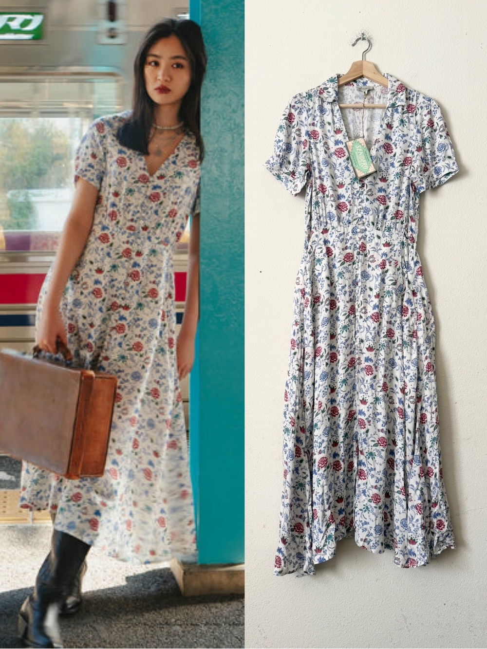 NWT Sendero SMALL Darcy white blue floral button up midi dress